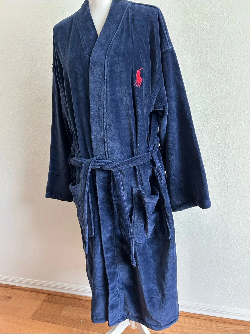 Polo Ralph Lauren Men's Robe Navy Blue Plush Shawl Collar Size S / M Logo